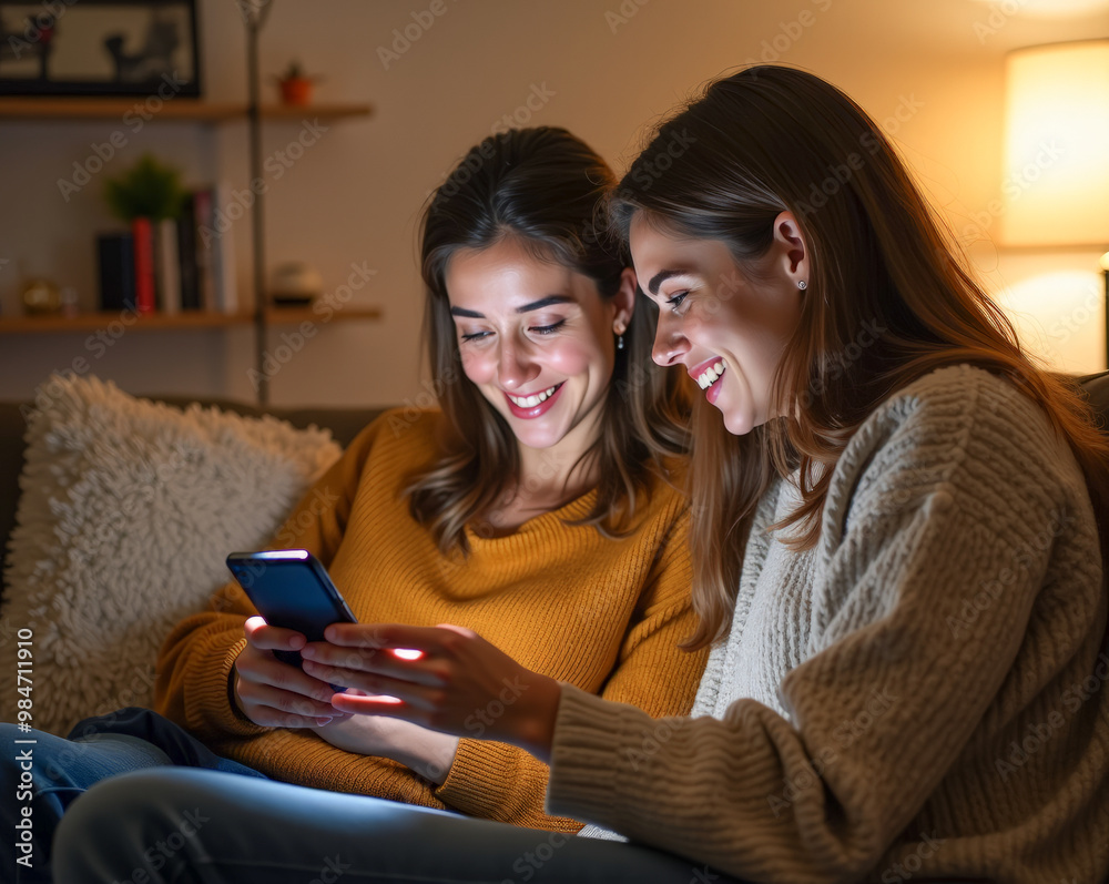 a married couple friends on the couch on the phone are choosing browsing shopping discussing a married couple friends on the couch on the phone are choosing browsing shopping discussing