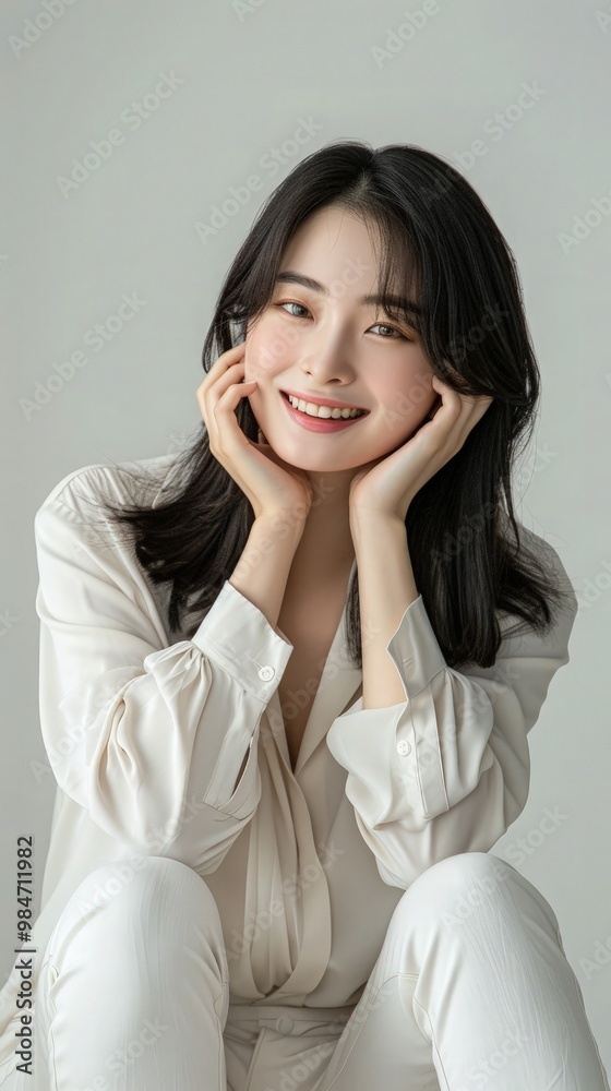 Youthful, pretty K-POP idol smiling, hugging her legs, ultra-realistic studio shot, white background, quality detail. Youthful, pretty K-POP idol smiling, hugging her legs, ultra-realistic studio shot, white background, quality detail.