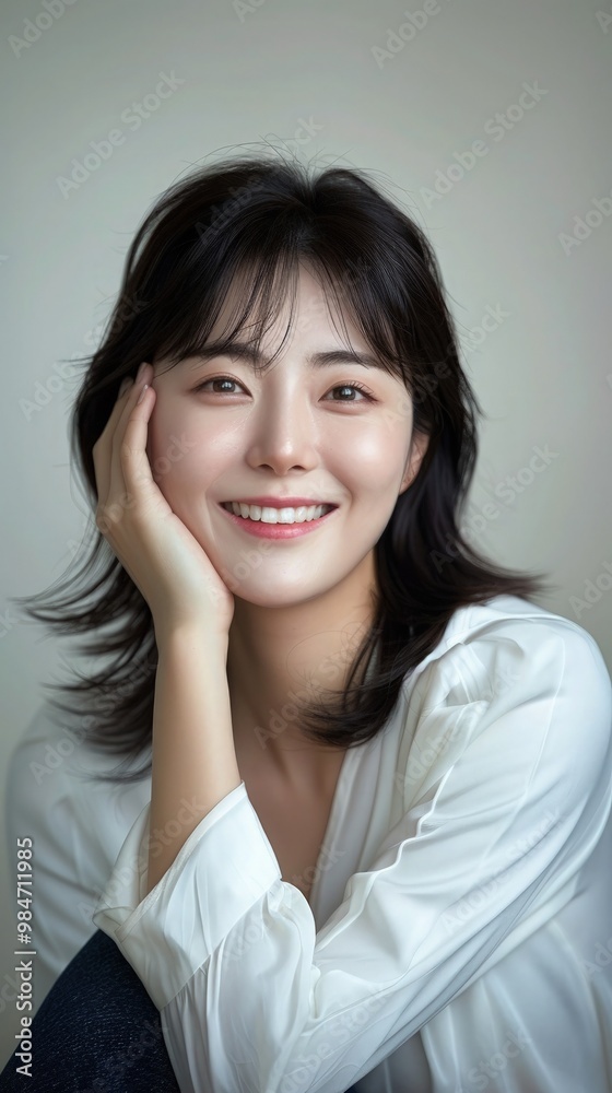 Youthful, pretty K-POP idol smiling, hugging her legs, ultra-realistic studio shot, white background, quality detail. Youthful, pretty K-POP idol smiling, hugging her legs, ultra-realistic studio shot, white background, quality detail.