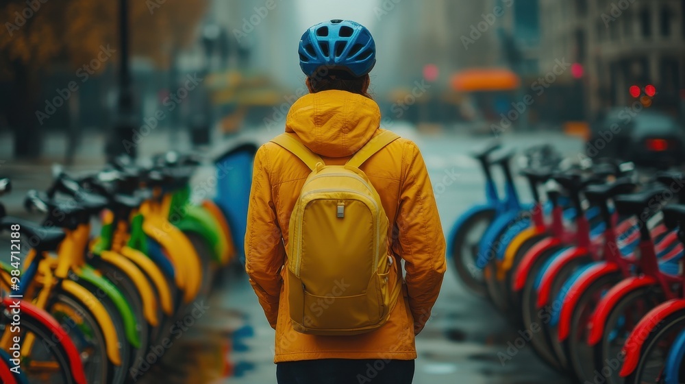 Obraz premium Cyclist Navigating the City's Bike Sharing Stations