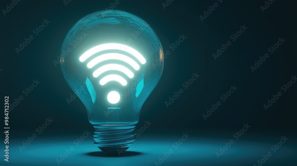 A glowing lightbulb with a wifi symbol inside, on a blue background. A glowing lightbulb with a wifi symbol inside, on a blue background.