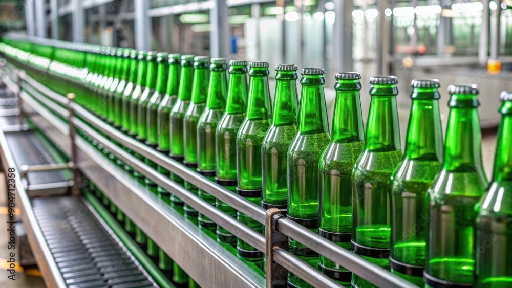 Green glass bottles without labels on conveyor at beer factory, beer, factory, production, line, industry Green glass bottles without labels on conveyor at beer factory, beer, factory, production, line, industry