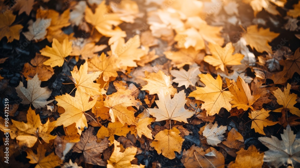 Yellow maple leaves scattered on the ground, autumn setting, Yellow maple leaves scattered on the ground, autumn setting,