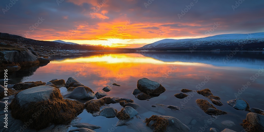 A beautiful sunset over a lake with a rocky shoreline. The sky is orange and pink, and the water is calm. The scene is serene and peaceful, and it evokes a sense of tranquility and relaxation A beautiful sunset over a lake with a rocky shoreline. The sky is orange and pink, and the water is calm. The scene is serene and peaceful, and it evokes a sense of tranquility and relaxation
