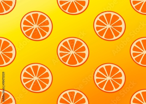 Seamless pattern with oranges. Pattern with citrus fruits. Juicy orange on a yellow gradient background.