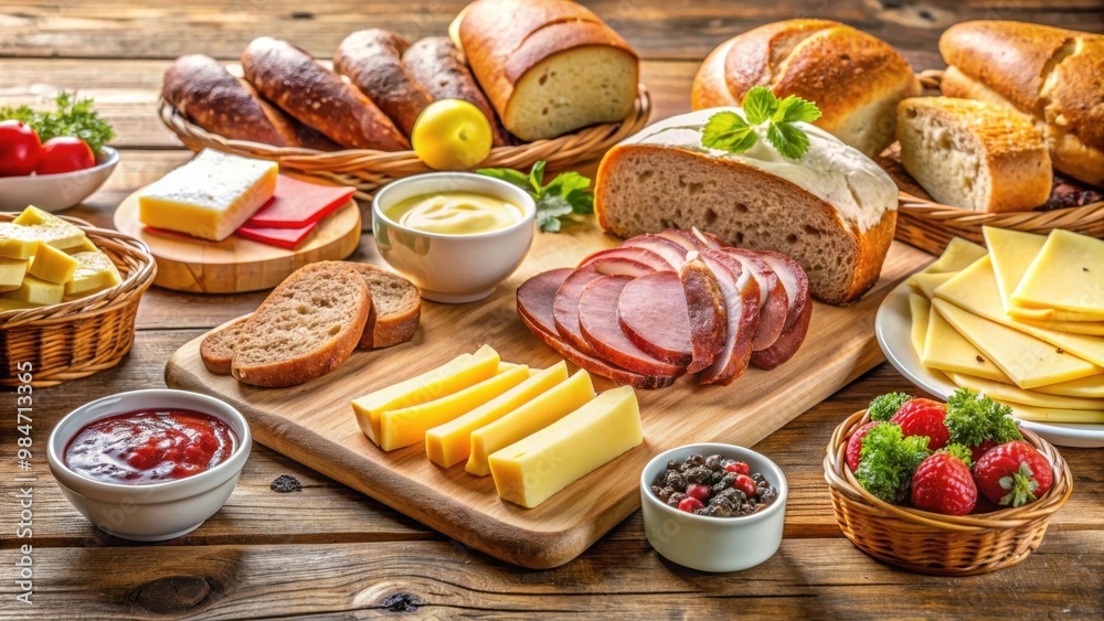 Traditional German breakfast spread with various brecchen, cold cuts, cheese, jam, and butter, German, breakfast, brecchen Traditional German breakfast spread with various brecchen, cold cuts, cheese, jam, and butter, German, breakfast, brecchen
