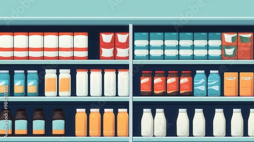 Refrigerated section, dairy products on display, flat design illustration