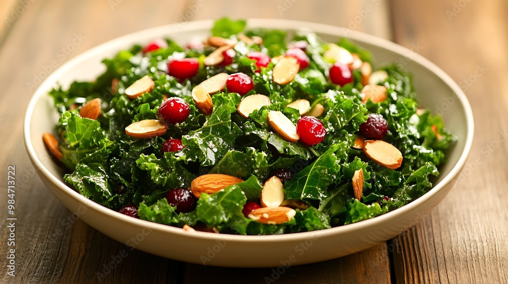 A close-up of a green salad with cranberries and almonds, in a white bowl, sitting on a wooden table. A close-up of a green salad with cranberries and almonds, in a white bowl, sitting on a wooden table.