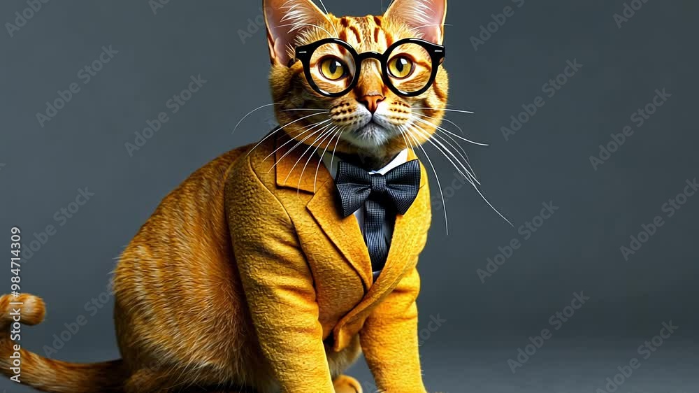 An adorable orange cat showcases its personality while wearing stylish eyewear and a tailored yellow suit, set against a minimal gray backdrop. An adorable orange cat showcases its personality while wearing stylish eyewear and a tailored yellow suit, set against a minimal gray backdrop.