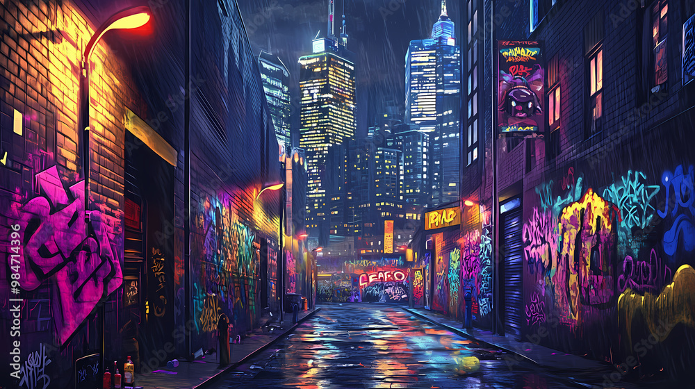 A vibrant urban alley illuminated by colorful lights, with graffiti art and a backdrop of sleek skyscrapers showcasing city life. Graffiti Alley. Illustration A vibrant urban alley illuminated by colorful lights, with graffiti art and a backdrop of sleek skyscrapers showcasing city life. Graffiti Alley. Illustration