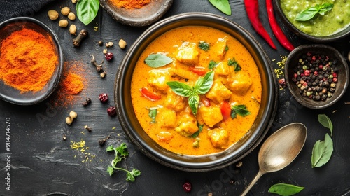 Fototapeta Naklejka Na Ścianę i Meble -  Yellow curry in a bowl with vibrant spices, flavorful and aromatic,