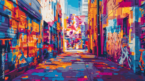 A vibrant urban alley with colorful glitch art overlay, merging digital distortion with street graffiti. Graffiti Alley. Illustration