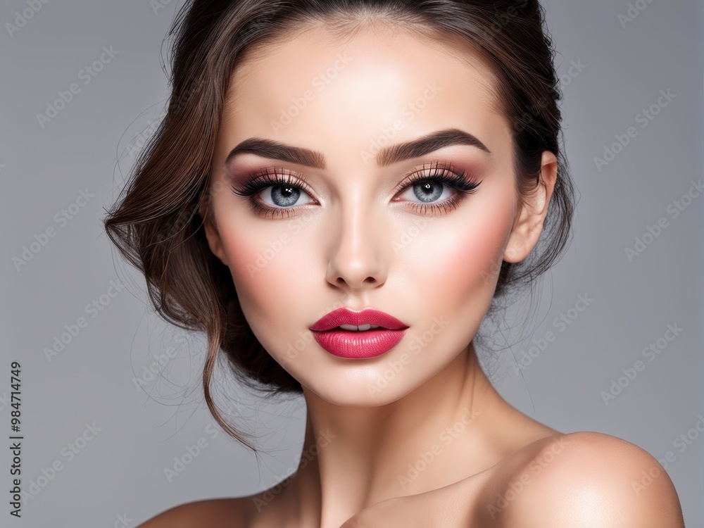 A close-up portrait of a woman with striking makeup and a soft expression.