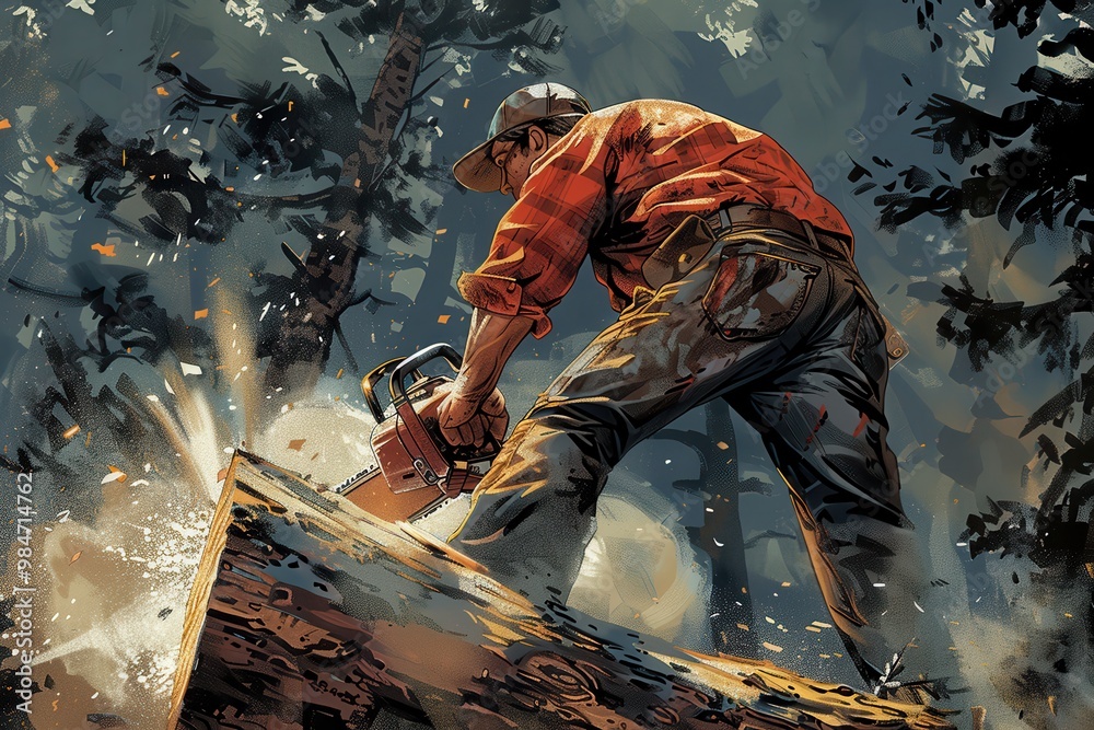 A man is cutting down a tree with a chainsaw A man is cutting down a tree with a chainsaw