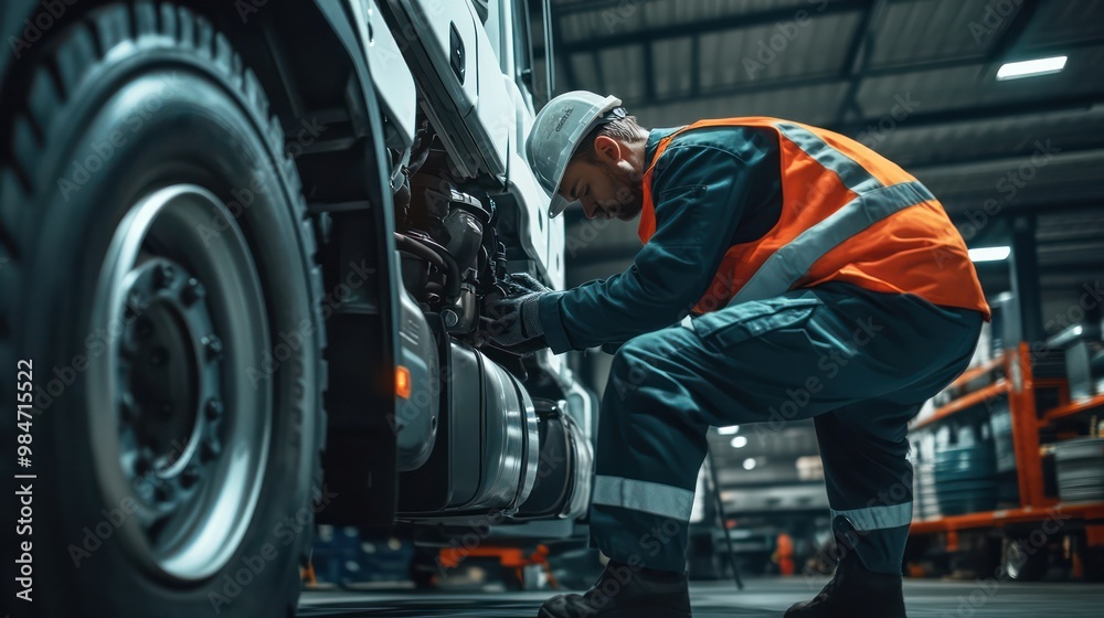custom made wallpaper toronto digitalTruck maintenance tips, with a mechanic working on the engine, changing oil, and checking the tires in a garage