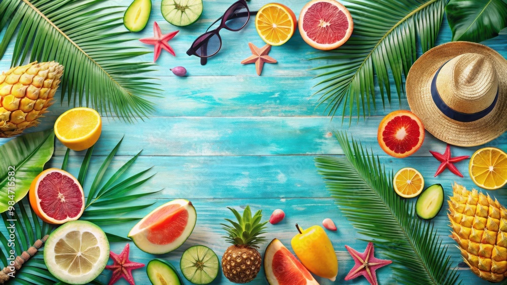 Vibrant summer vibes with watercolor elements featuring tropical fruits and beach accessories , summer, vibrant Vibrant summer vibes with watercolor elements featuring tropical fruits and beach accessories , summer, vibrant