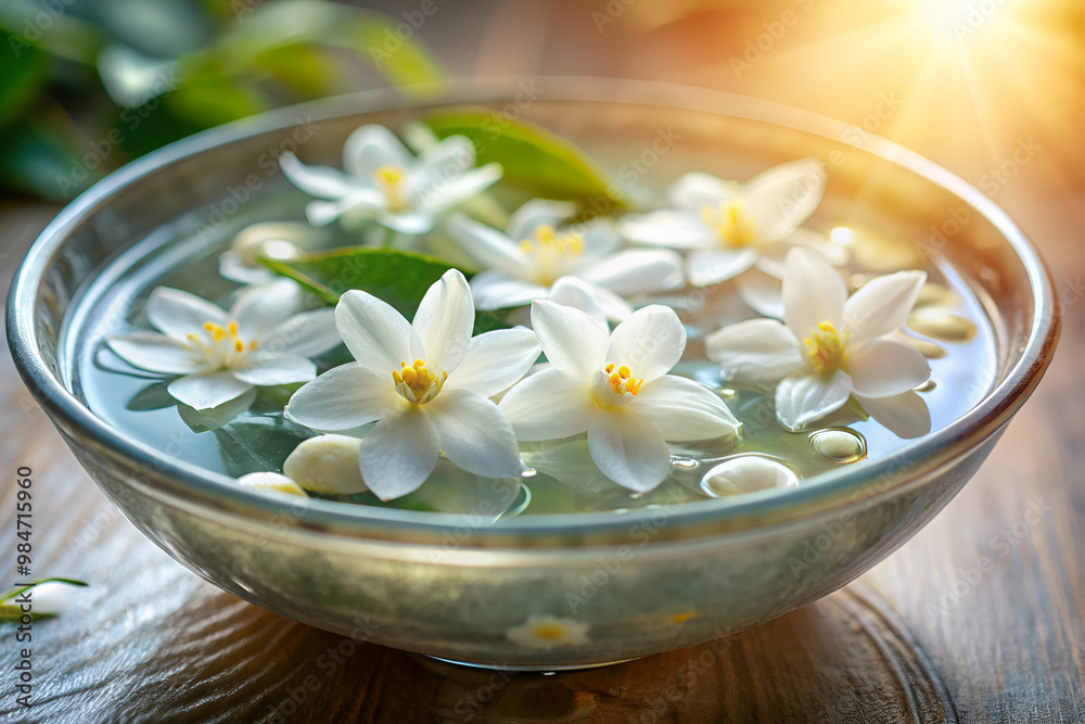 A bowl of water with white flowers floating in it. The bowl is on a wooden table. The flowers are floating on the water, creating a serene and calming atmosphere A bowl of water with white flowers floating in it. The bowl is on a wooden table. The flowers are floating on the water, creating a serene and calming atmosphere