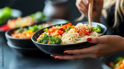 person eating noodles