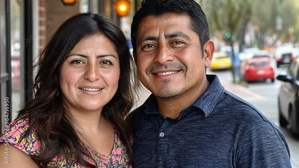 A cheerful couple stands closely together on a bustling street, enjoying the afternoon ambiance. Their warm expressions reflect the lively atmosphere around them. A cheerful couple stands closely together on a bustling street, enjoying the afternoon ambiance. Their warm expressions reflect the lively atmosphere around them.