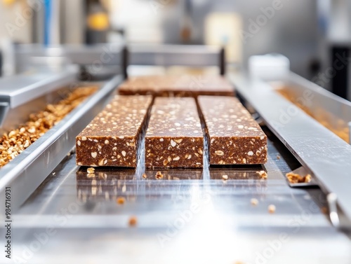 Freshly made chocolate bars on a production line, showcasing the delicious texture and rich ingredients in a factory setting.