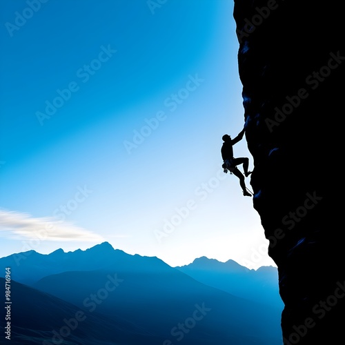 Solitary Rock Climber Scaling Towering Cliff Face Against Majestic Mountain Backdrop photo