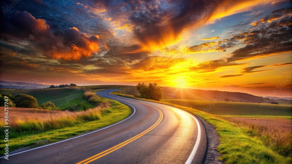 Naklejka premium Winding road disappearing into the distance at sunset, road, sunset, winding, horizon, journey, scenic, travel, destination