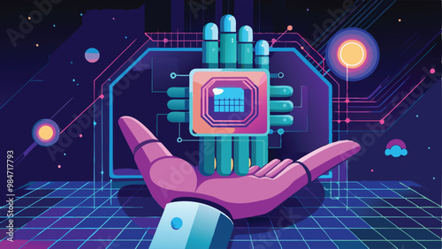 Humanoid Hand Holding Computer Chip Vector Illustration in Detailed Line Art Style for Technology and Innovation Themes