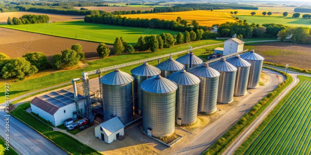 Aerial view of grain silos on a small farm, grain silos, agriculture, rural landscape, small farm, aerial view Aerial view of grain silos on a small farm, grain silos, agriculture, rural landscape, small farm, aerial view
