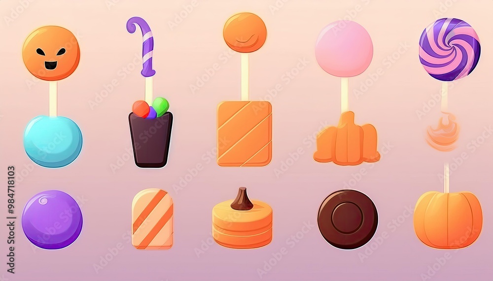 Halloween Candy Icons A fun icon set featuring various Halloween treats like candy corn, lollipops, wrapped candies, chocolate bars, and caramel apples. Halloween Candy Icons A fun icon set featuring various Halloween treats like candy corn, lollipops, wrapped candies, chocolate bars, and caramel apples.