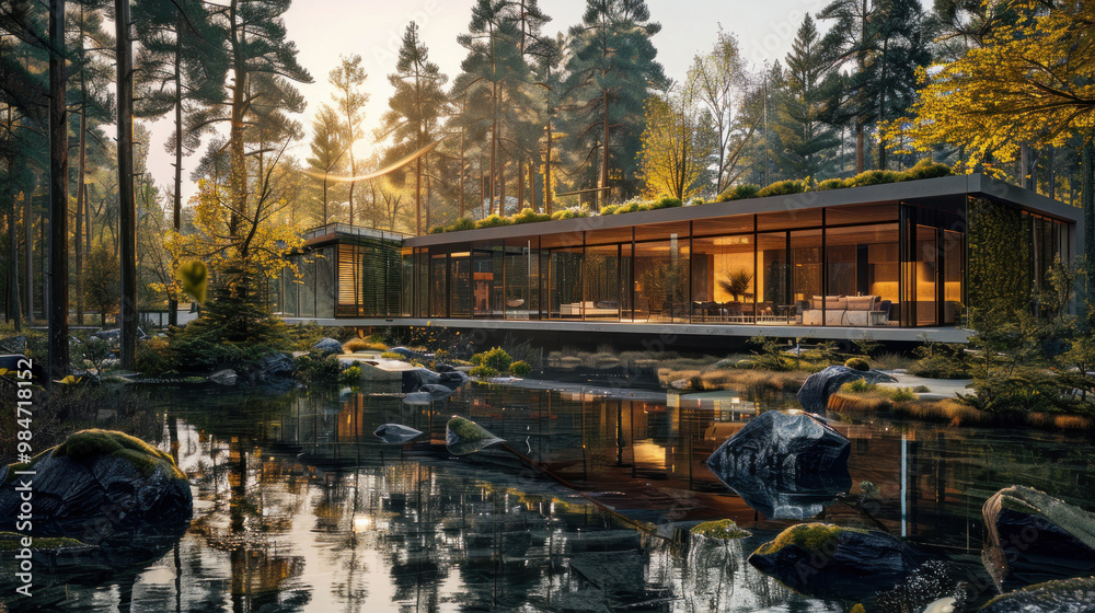 Fototapeta premium A work-life balance where workspaces are built into nature, with offices located in forests and by rivers, allowing employees to work surrounded by the beauty of the natural world