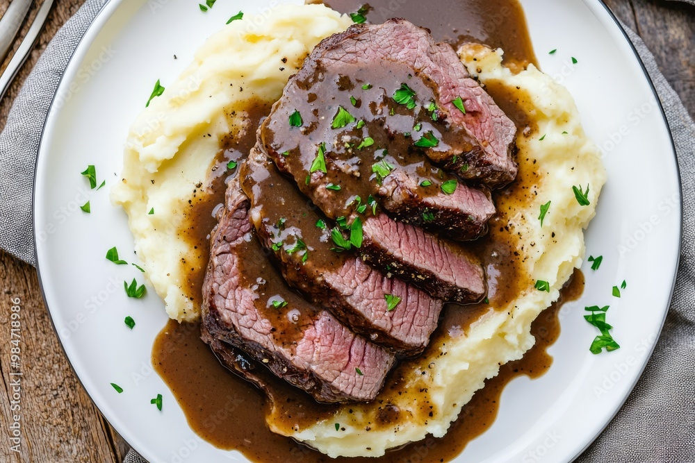 Enjoy the juicy roast beef, sliced and topped with rich demiglace gravy on creamy mashed potatoes. This classic comfort food enhances any meal with its delightful flavors and textures