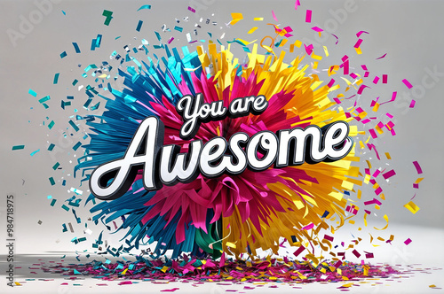 Colorful confetti falling in the background with the text word 