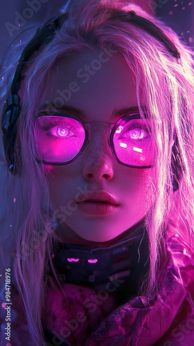 Cyberpunk Woman with Glowing Neon Glasses