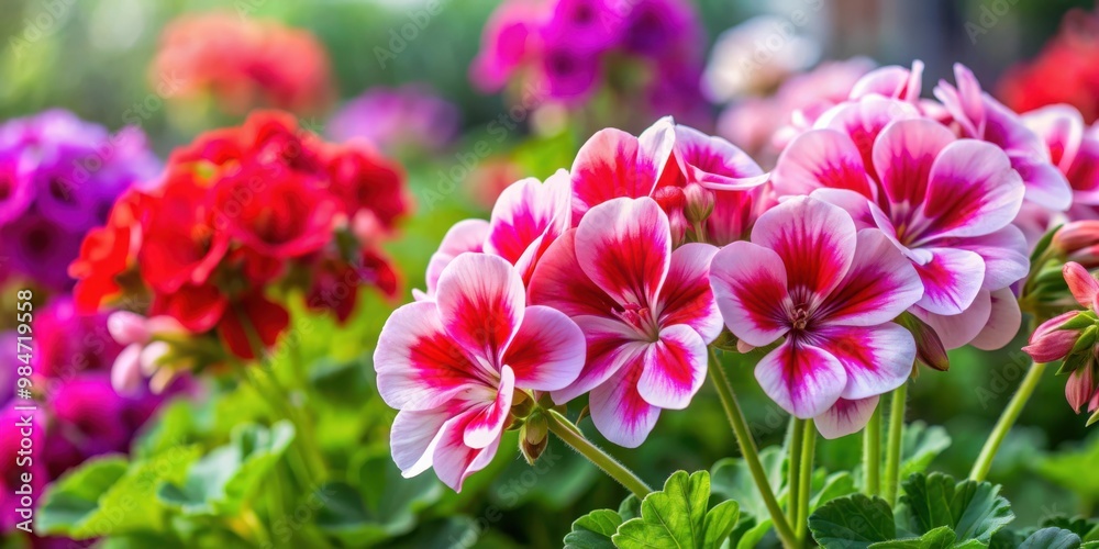 Close up of colorful Geranium Pelargonium flowers in full bloom, Geranium, Pelargonium, flowers, bloom, colorful, close up, garden Close up of colorful Geranium Pelargonium flowers in full bloom, Geranium, Pelargonium, flowers, bloom, colorful, close up, garden