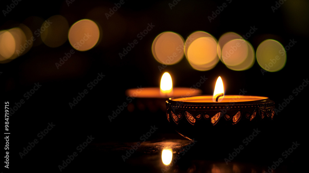 Celebrating Diwali with a traditional diya illuminated against colorful fireworks at night Celebrating Diwali with a traditional diya illuminated against colorful fireworks at night