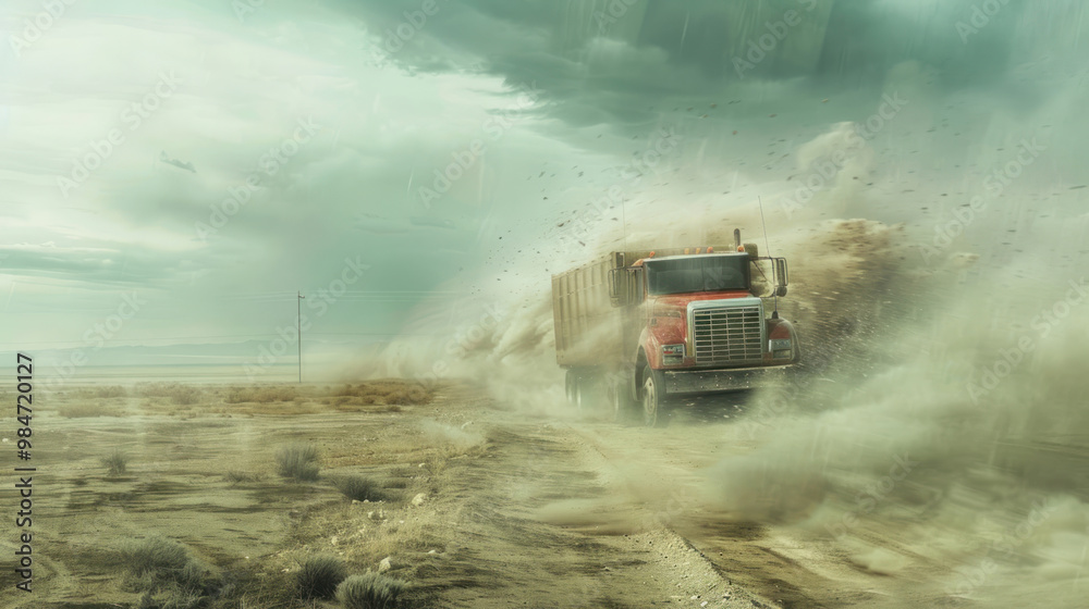 A truck battling high winds on a desolate plain, with dust and debris being blown across the road and the truck leaning slightly against the force of the gale A truck battling high winds on a desolate plain, with dust and debris being blown across the road and the truck leaning slightly against the force of the gale