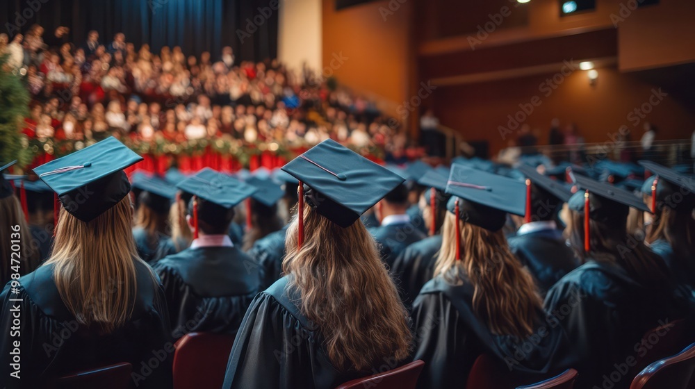 A traditional graduation ceremony with students in caps and gowns, receiving their diplomas on stage A traditional graduation ceremony with students in caps and gowns, receiving their diplomas on stage