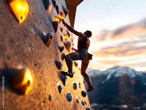 Daring Bouldering Athlete Scaling Rugged Granite Climbing Wall with Cinematic Lighting and Mountainous Backdrop photo