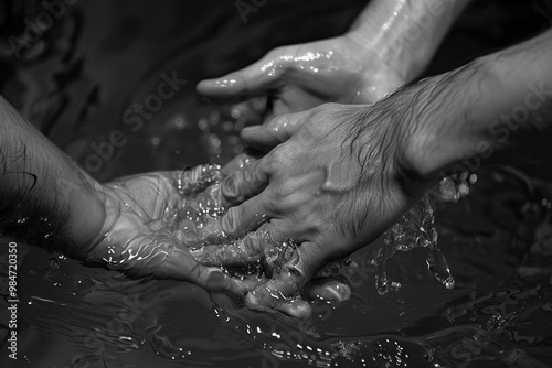 Artistic depiction of two hands touching in water, symbolizing connection and tenderness in a serene aquatic environment