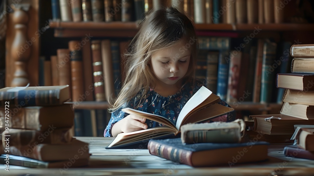 Genetically Enhanced Child Voraciously Reading Books in Library Genetically Enhanced Child Voraciously Reading Books in Library