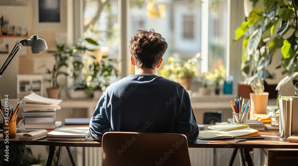 Obraz premium A person working at a desk filled with stationery, surrounded by plants and sunlight in a cozy room