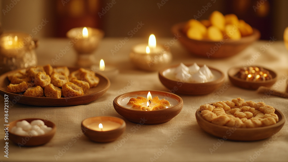 Celebrating Diwali with vibrant sweets and oil lamps arranged on a festive table Celebrating Diwali with vibrant sweets and oil lamps arranged on a festive table