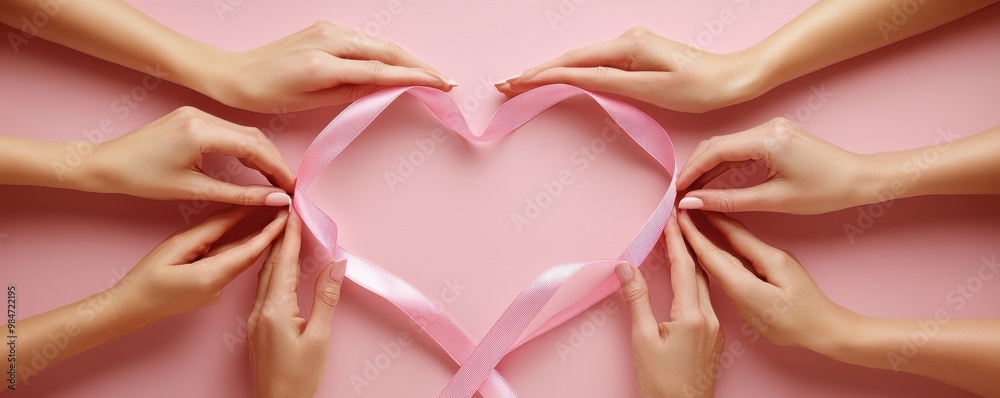 Hands forming a heart shape with pink ribbon on a pastel background symbolizing love, support, and breast cancer awareness Hands forming a heart shape with pink ribbon on a pastel background symbolizing love, support, and breast cancer awareness