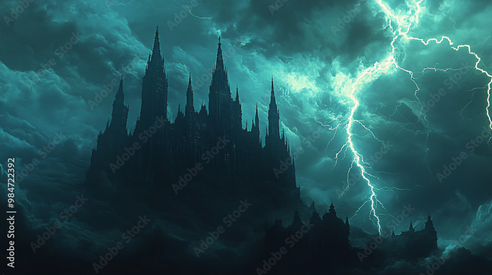 A haunted castle silhouetted against a stormy sky, lightning striking its towering spires.