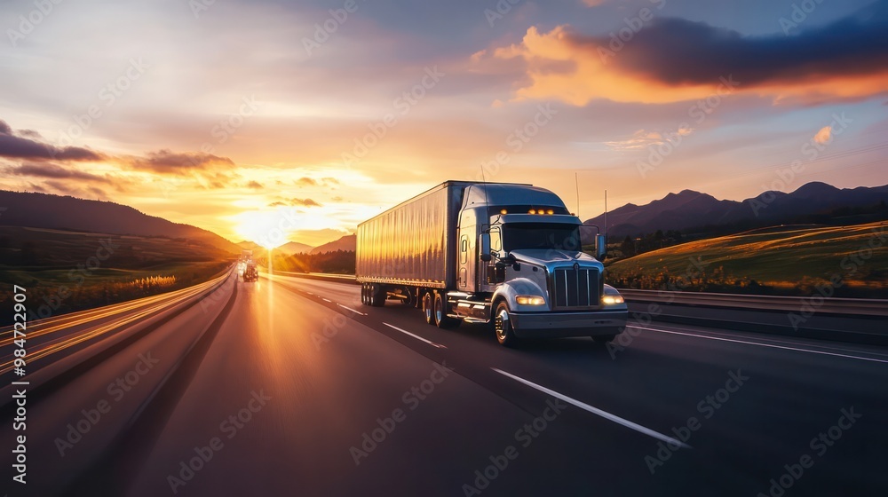 A truck speeding down the highway, with mountains in the background and the sun setting on the horizon A truck speeding down the highway, with mountains in the background and the sun setting on the horizon