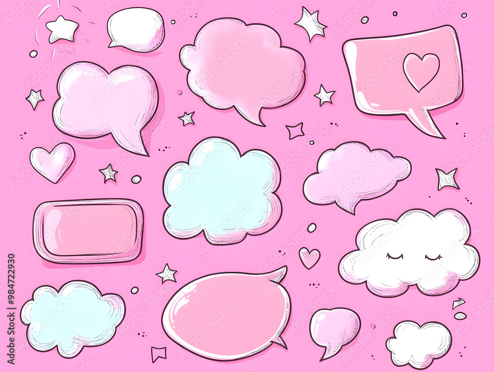 Hand-drawn Speech Bubbles and Hearts on a Blue Background