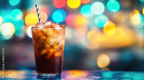 A vibrant iced coffee photo with colorful bokeh in the background, adding a dreamy, festive feel to the scene.