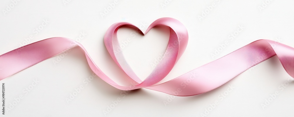 Pink ribbon elegantly shaped into a heart on white background, symbolizing love, care, and support Pink ribbon elegantly shaped into a heart on white background, symbolizing love, care, and support