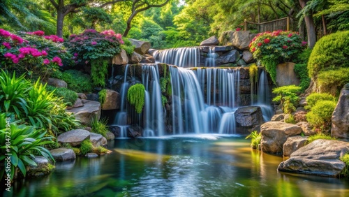 Tranquil waterfall in a serene garden setting, waterfall, garden, nature, serene, peaceful, outdoor, landscape, zen