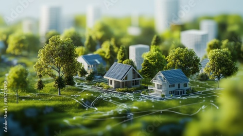 Eco-friendly houses with solar panels in a lush, green neighborhood, highlighting sustainable living and renewable energy.